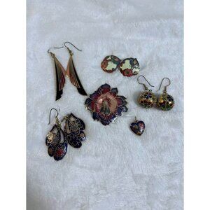 Vintage Gold Cloisonne 70's Earrings, Pendant & Brooch Jewelry Lot